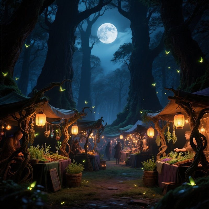 An Enchanted Night Market Hidden In A Forest Clearing, Stalls Made Of Twisted Vines And Lanterns Of