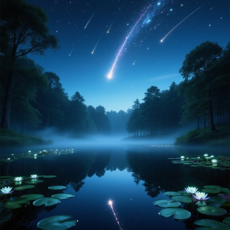 An Enchanted Night Sky Over A Forest Clearing Where Shooting Stars Streak Across, Reflected