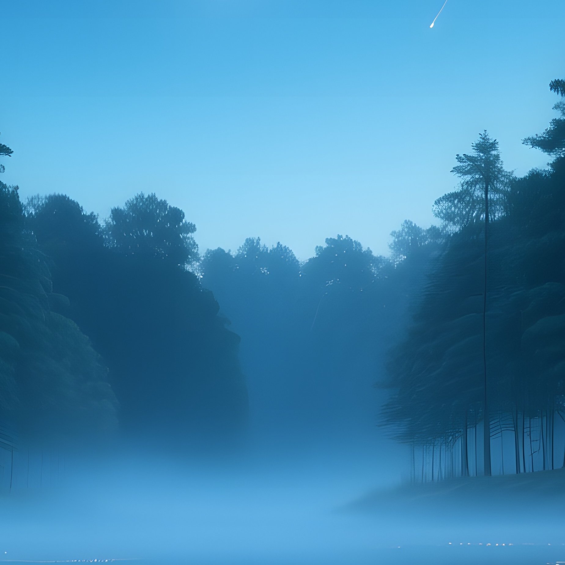 An Enchanted Night Sky Over A Forest Clearing Where Shooting Stars Streak Across, Reflected - Full Resolution Quality Preview