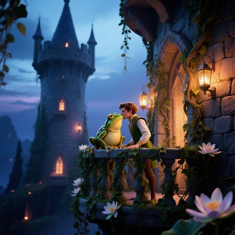 An Enchanted Tower Interior Bathed In Twilight Where The Frog Prince Kisses A Lily‑Covered Balcony,