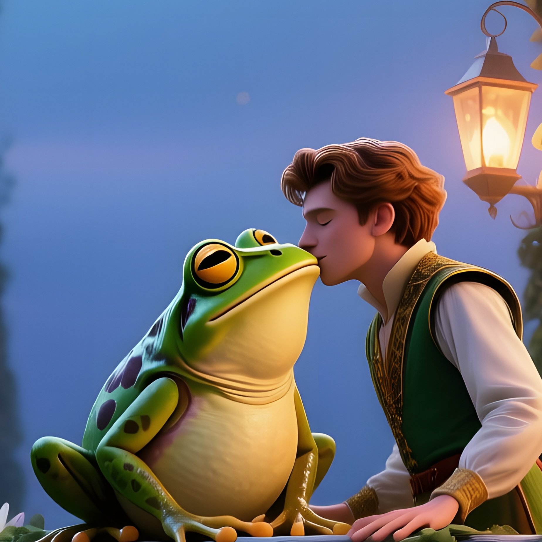 An Enchanted Tower Interior Bathed In Twilight Where The Frog Prince Kisses A Lily‑Covered Balcony, - Full Resolution Quality Preview
