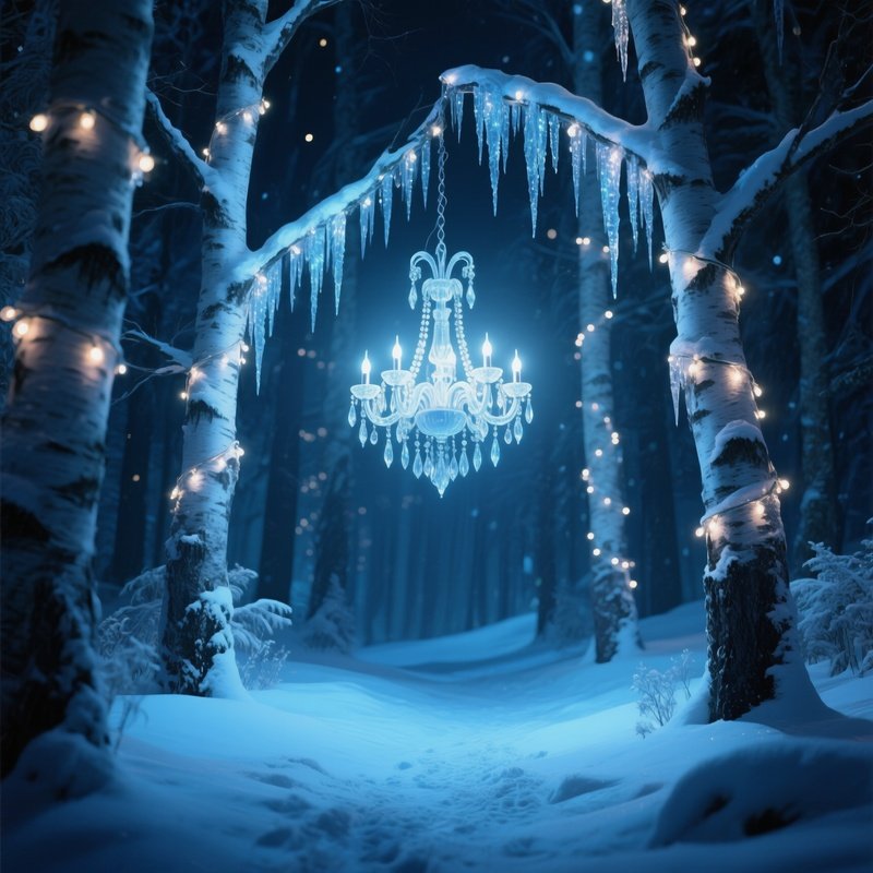 An Enchanted Winter Night Where Snow‑Covered Birches Are Draped With Strands Of Icicle Lights That