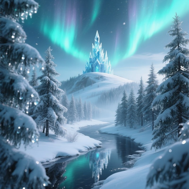 An Enchanted Winter Scene Where Snow‑Covered Pine Trees Glitter With Frozen Dew, A Silver River
