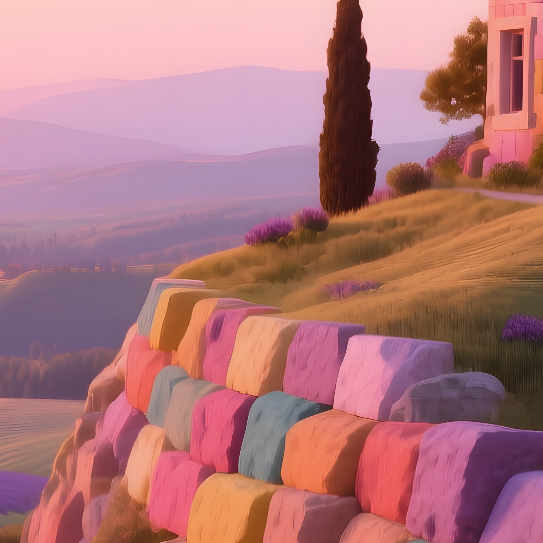 An Enchanting Hilltop Manor Built Of Multicolored Sandstone Blocks Overlooks A Valley Of Lavender - Full Resolution Quality Preview