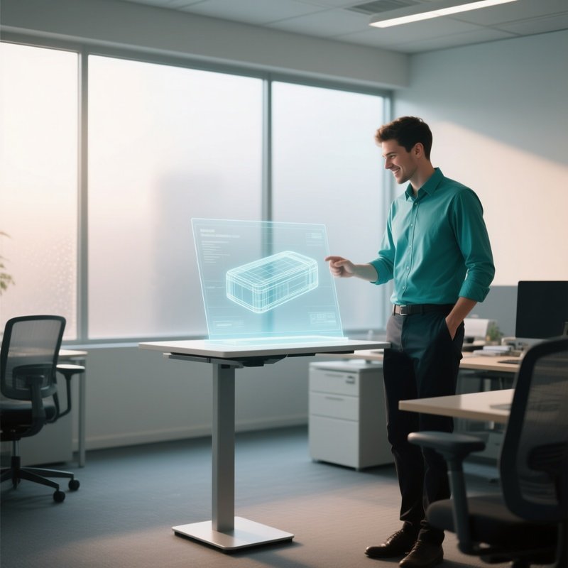 An Energetic Office Worker In A Teal Shirt Stands Beside A Standing Desk Displaying A 3D Hologram