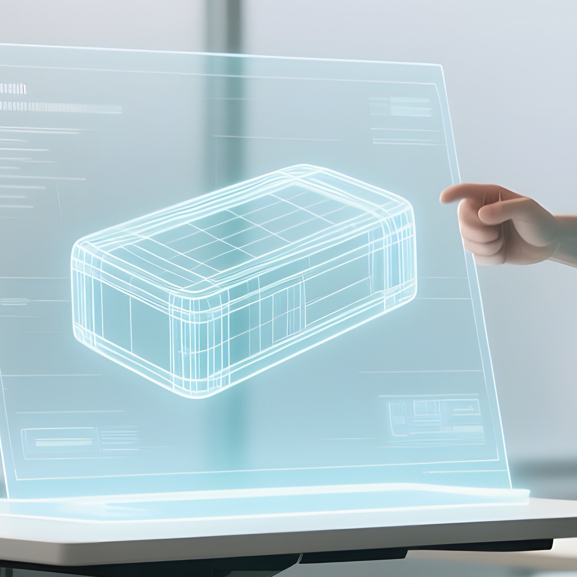An Energetic Office Worker In A Teal Shirt Stands Beside A Standing Desk Displaying A 3D Hologram - Full Resolution Quality Preview