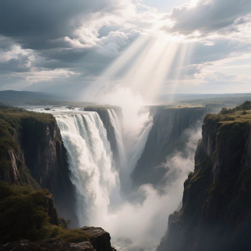 An Epic View Of A Massive Waterfall Carving Through A Deep Gorge, Clouds Swirling Above, Sunlight