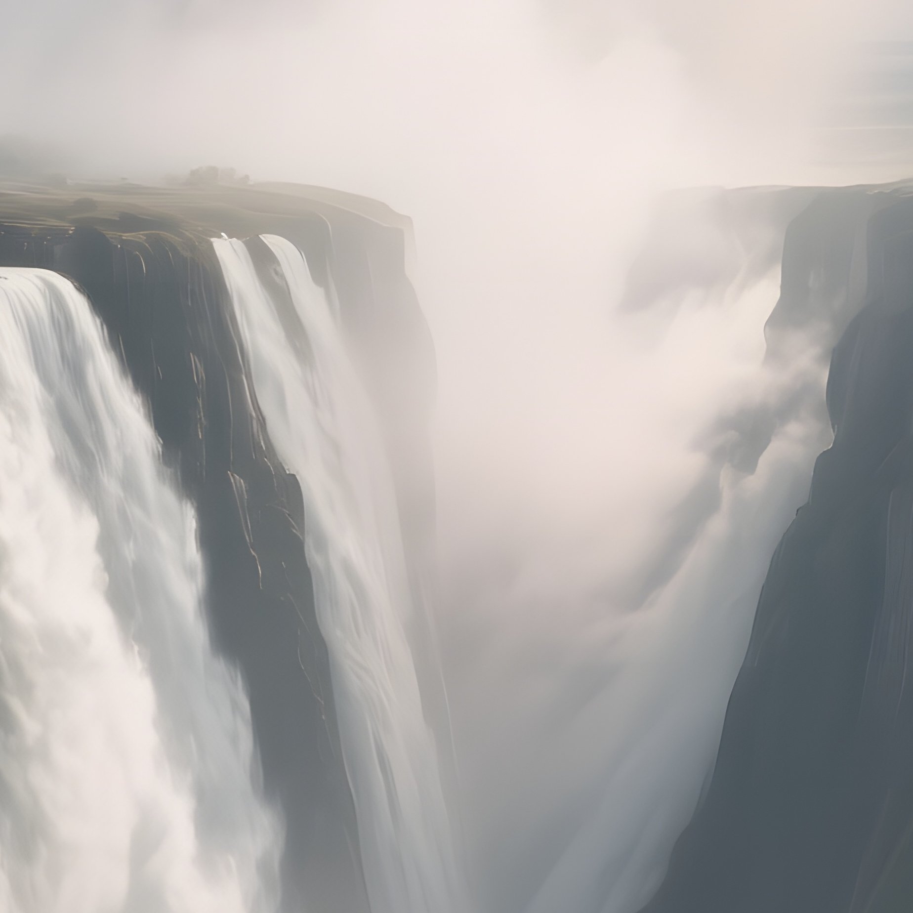 An Epic View Of A Massive Waterfall Carving Through A Deep Gorge, Clouds Swirling Above, Sunlight - Full Resolution Quality Preview