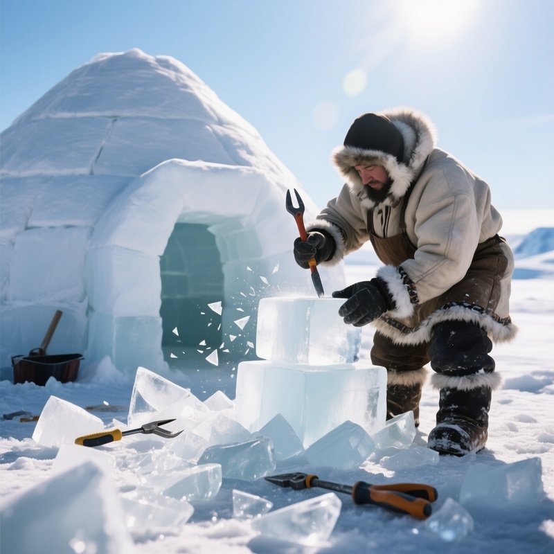 An Eskimo Artisan Shaping Ice Blocks For A New Igloo, Tools In Hand, With Shards Of Glistening Ice