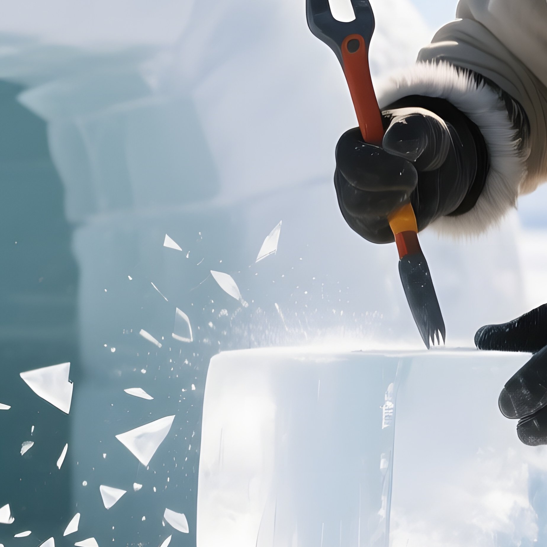 An Eskimo Artisan Shaping Ice Blocks For A New Igloo, Tools In Hand, With Shards Of Glistening Ice - Full Resolution Quality Preview