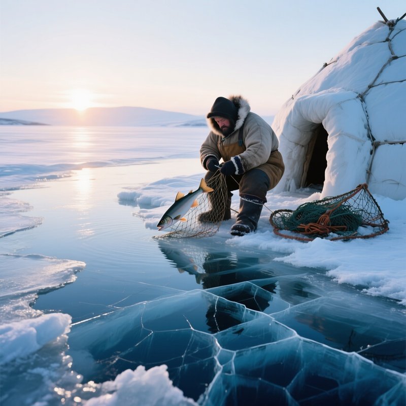 An Eskimo Fisherman Mending His Gear Beside An Igloo Shoreline, The Water Frozen Solid With Cracks