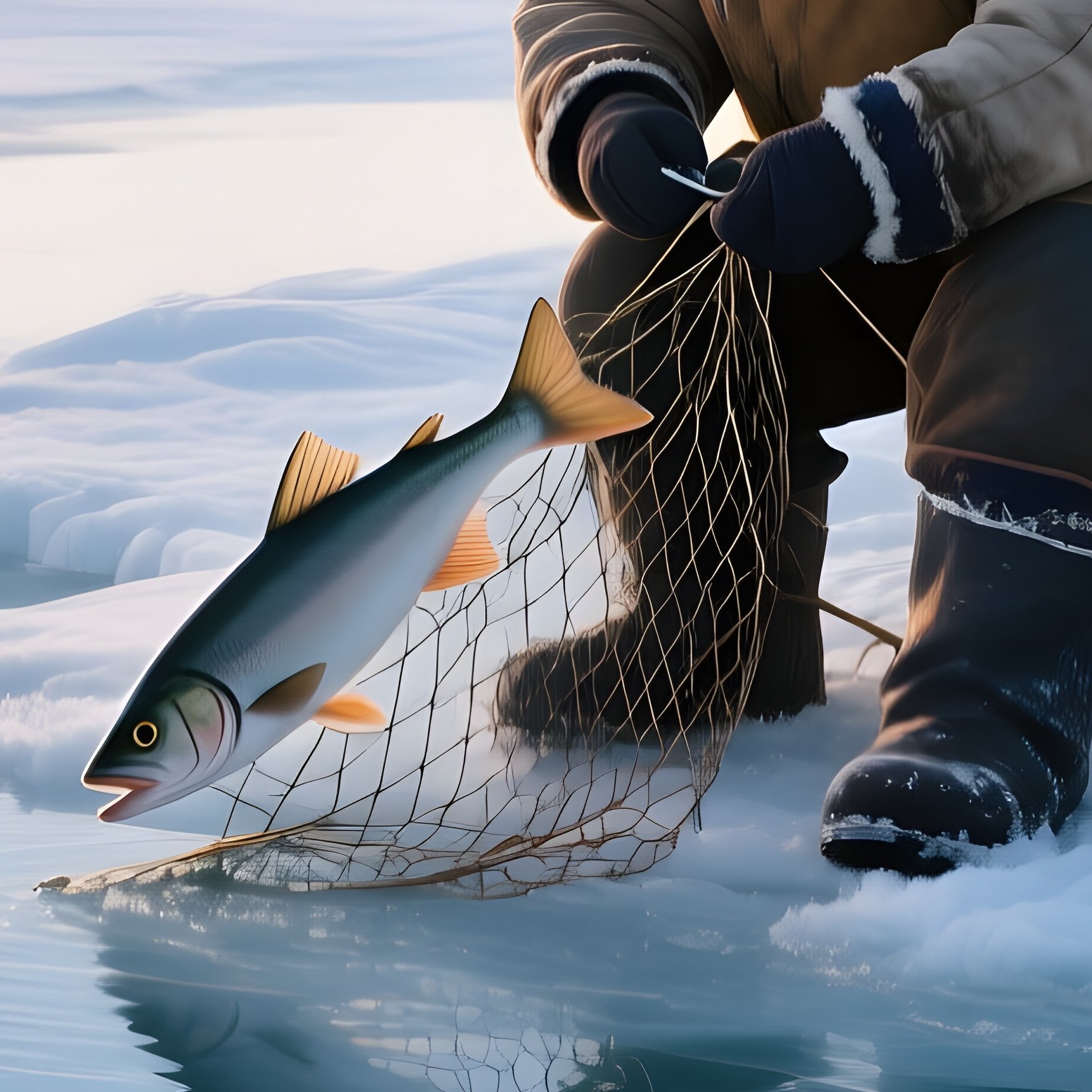 An Eskimo Fisherman Mending His Gear Beside An Igloo Shoreline, The Water Frozen Solid With Cracks - Full Resolution Quality Preview