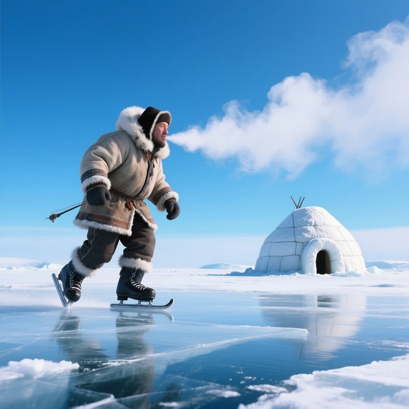 An Eskimo Fisherman Skating Across Thin Ice Toward A Lone Igloo, His Breath Forming Clouds In The