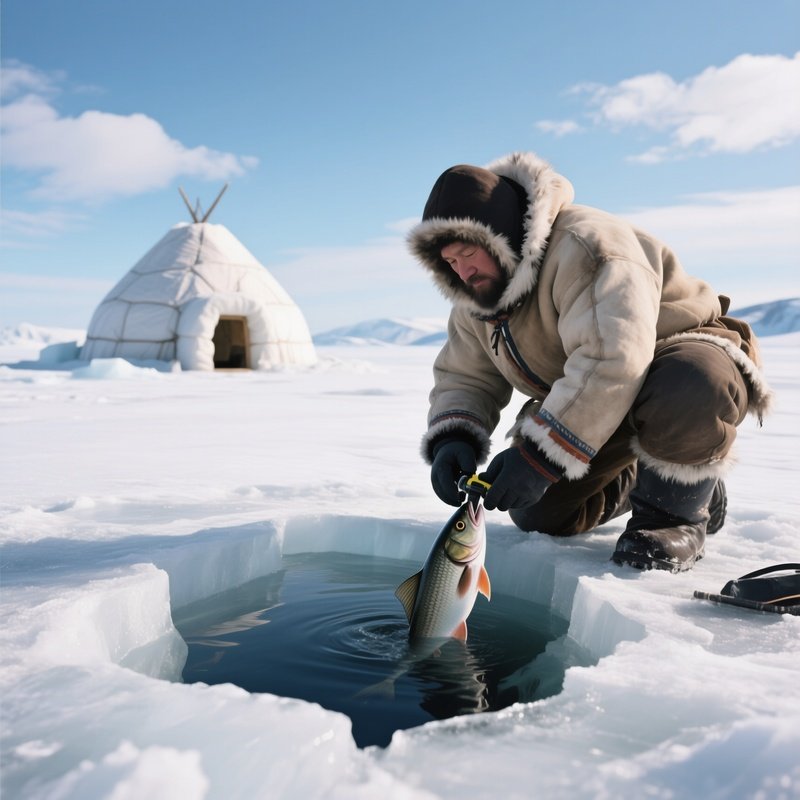 An Eskimo Hunter Crouching Beside An Ice Hole, Preparing To Dive For Fish, With An Igloo Visible In
