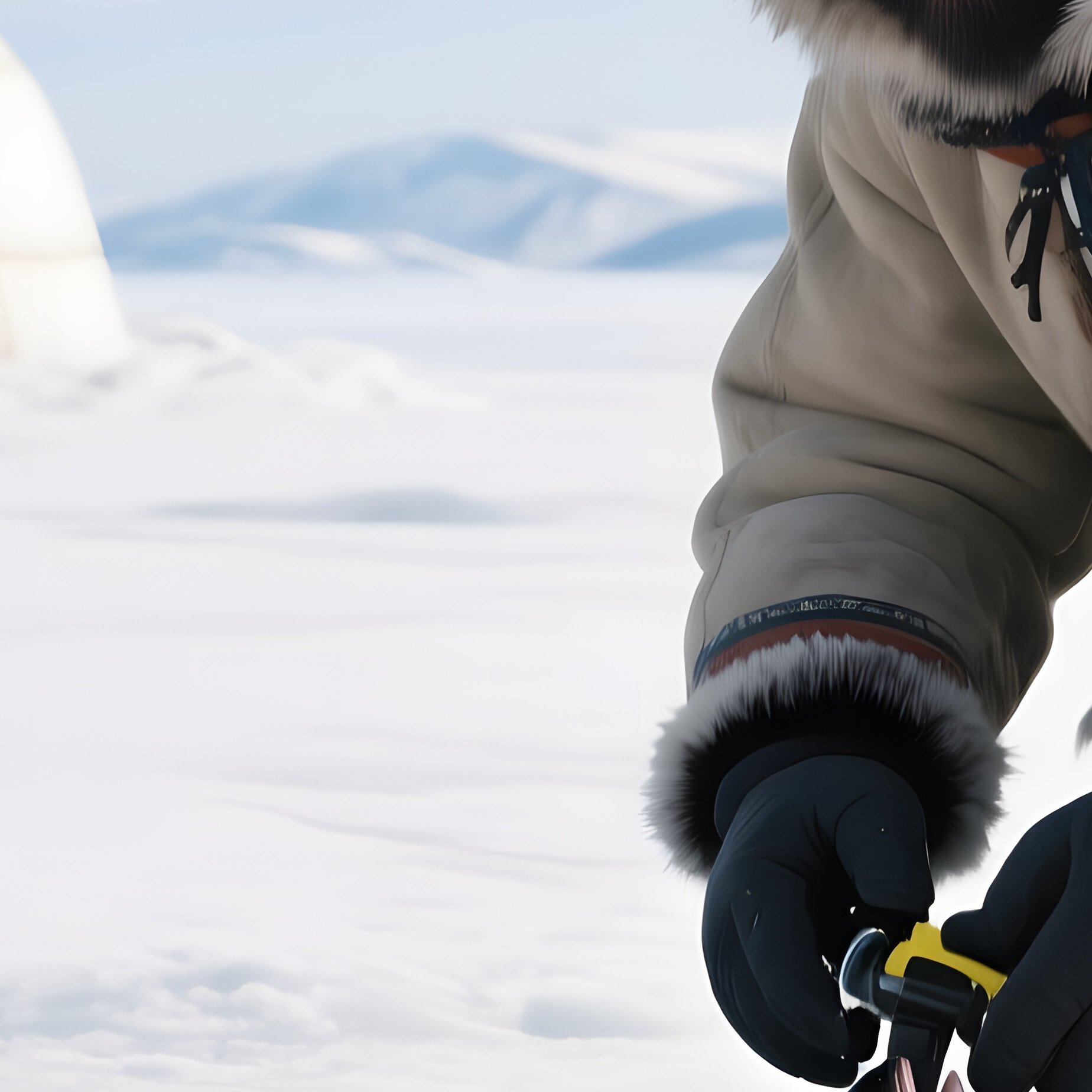 An Eskimo Hunter Crouching Beside An Ice Hole, Preparing To Dive For Fish, With An Igloo Visible In - Full Resolution Quality Preview