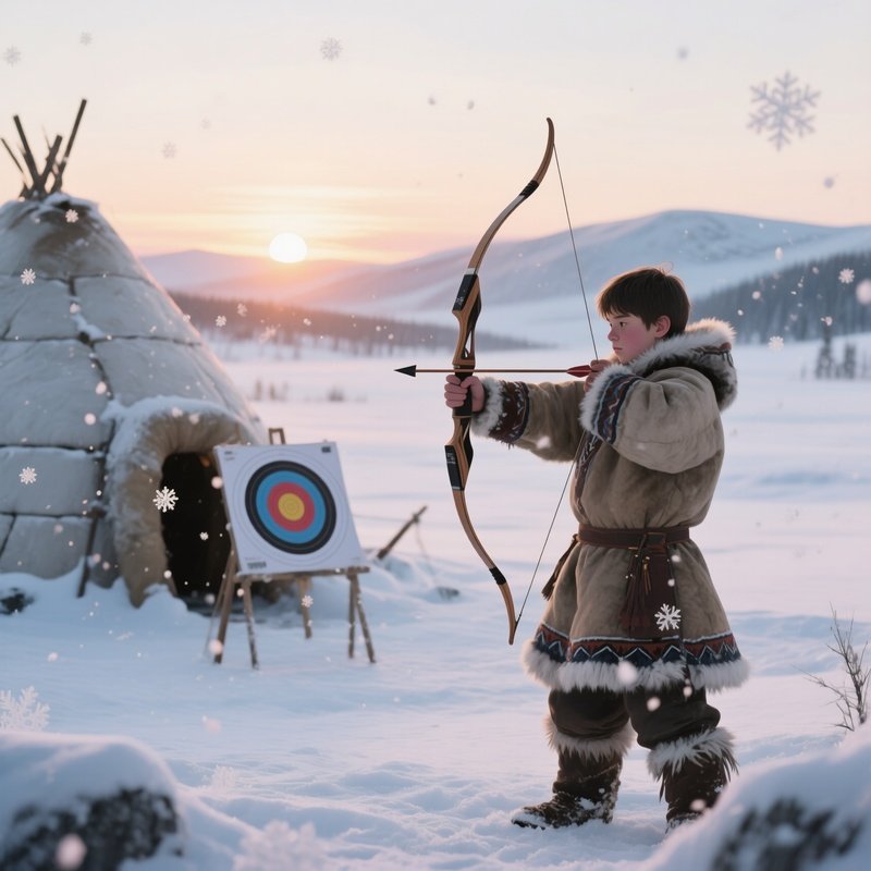 An Eskimo Teen Practicing Archery On A Snowy Plain, A Target Set Up Near An Igloo, With Snowflakes