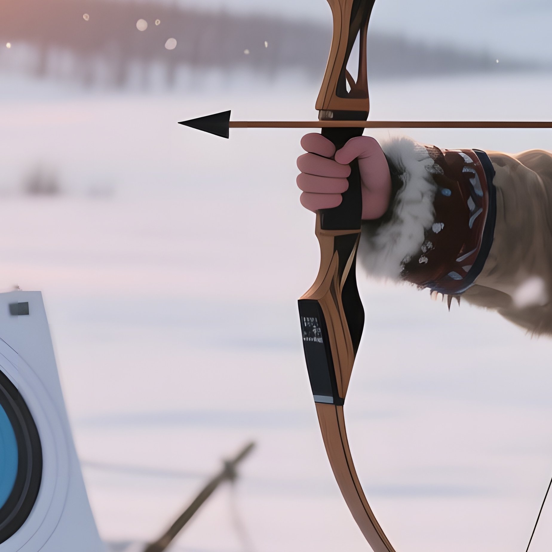 An Eskimo Teen Practicing Archery On A Snowy Plain, A Target Set Up Near An Igloo, With Snowflakes - Full Resolution Quality Preview