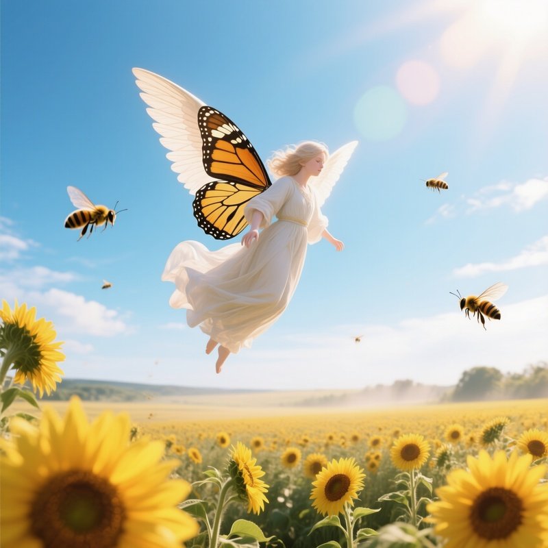 An Ethereal Angel With Butterfly Wings Hovering Over A Field Of Sunflowers Under A Bright Summer
