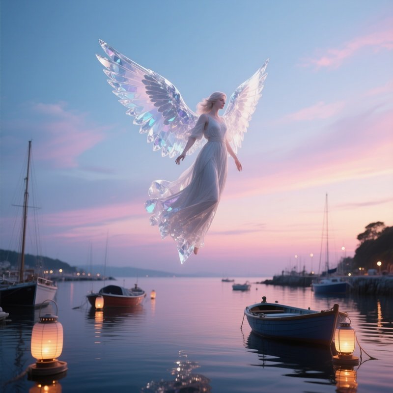 An Ethereal Angel With Crystal Clear Wings Hovering Above A Calm Harbor At Twilight, Lanterns