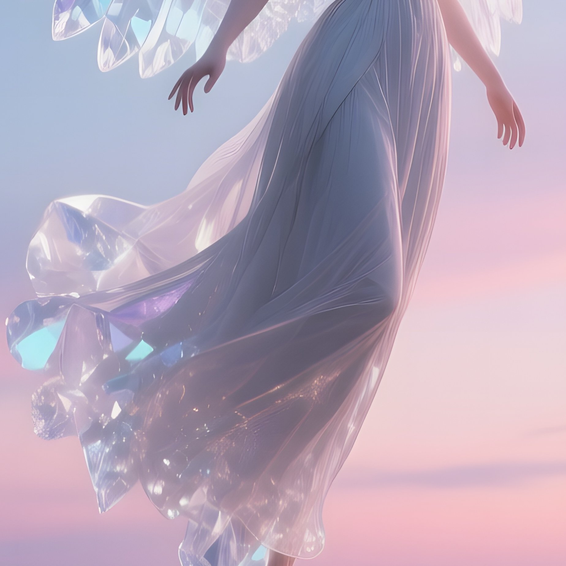 An Ethereal Angel With Crystal Clear Wings Hovering Above A Calm Harbor At Twilight, Lanterns - Full Resolution Quality Preview
