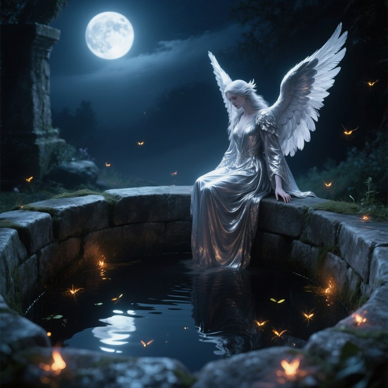 An Ethereal Angel With Silver Feathers Perched On The Edge Of An Ancient Stone Well At Night,