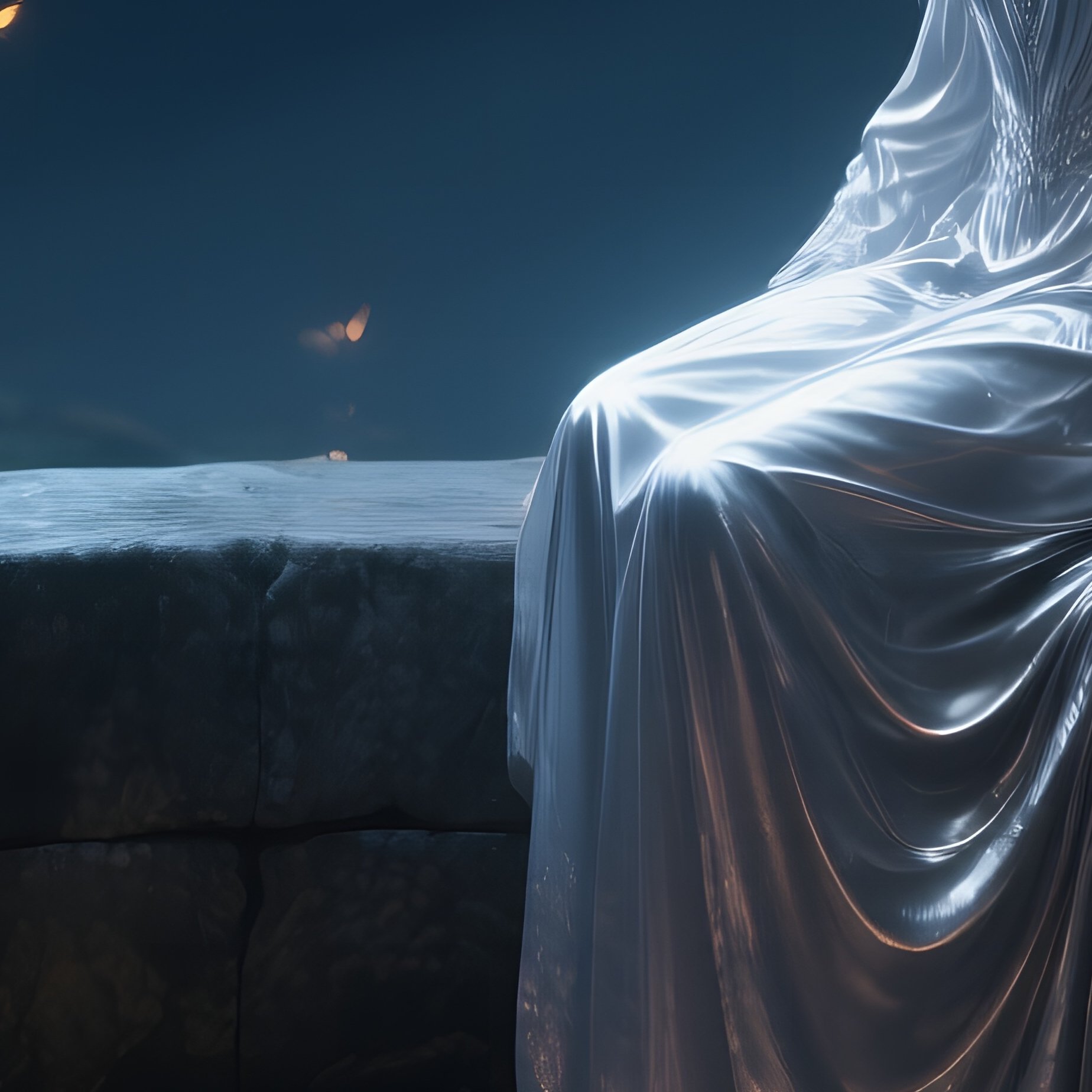 An Ethereal Angel With Silver Feathers Perched On The Edge Of An Ancient Stone Well At Night, - Full Resolution Quality Preview