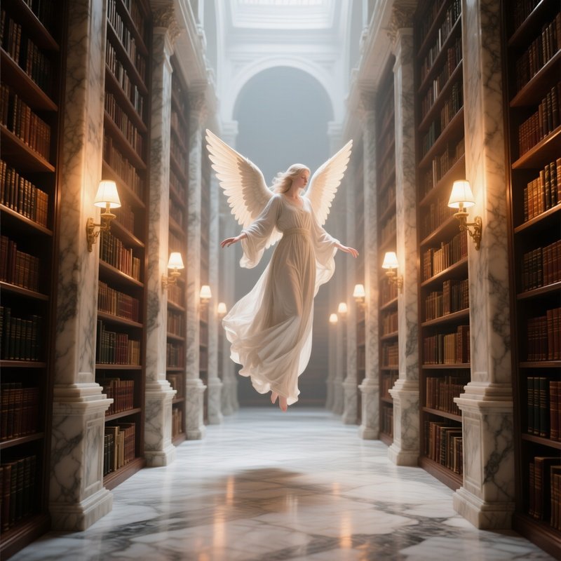 An Ethereal Angelic Librarian Floating Among Towering Bookshelves In An Endless Marble Library,