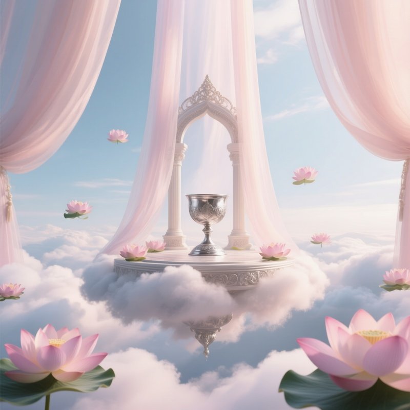 An Ethereal Cloud Palace Altar Suspended Above Clouds, Soft Pastel Light Filtering Through Veils,
