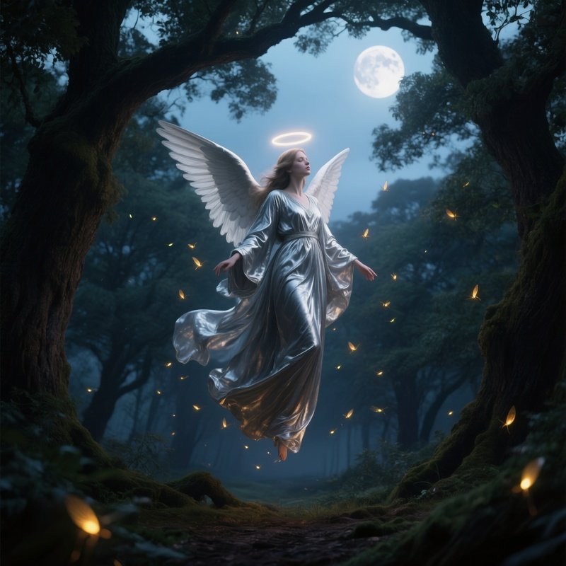 An Ethereal Female Angel In Flowing Silver Robes Hovering Above An Ancient Oak Forest At Twilight,