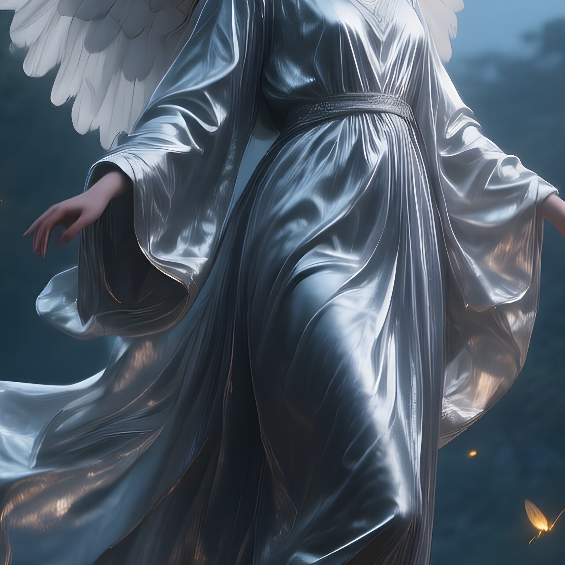 An Ethereal Female Angel In Flowing Silver Robes Hovering Above An Ancient Oak Forest At Twilight, - Full Resolution Quality Preview