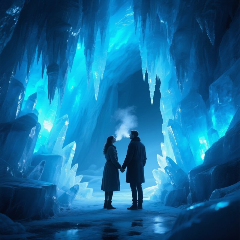 An Ethereal Ice Cave Lit By Blue Leds, Crystalline Walls Reflecting Soft Light, A Couple Stands