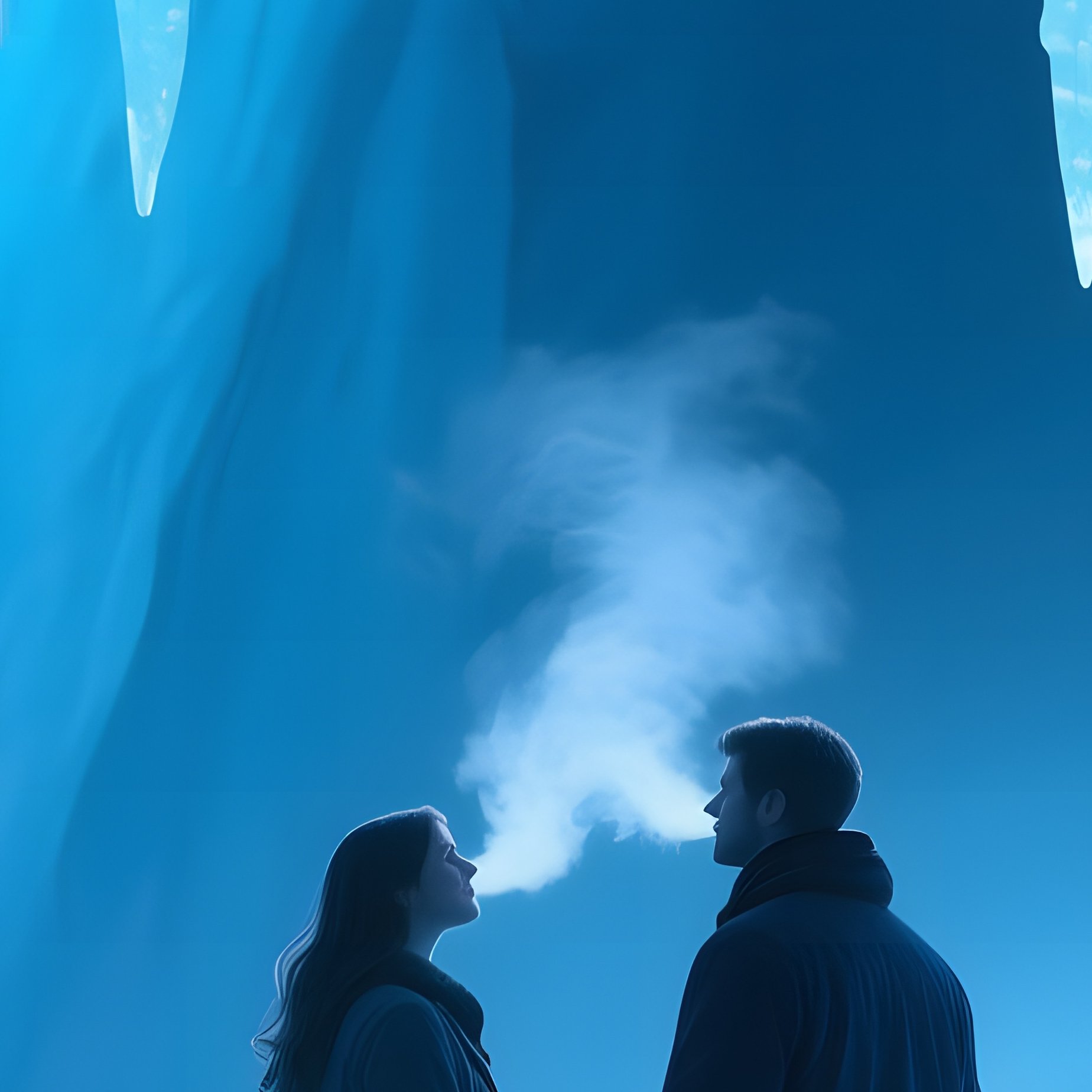 An Ethereal Ice Cave Lit By Blue Leds, Crystalline Walls Reflecting Soft Light, A Couple Stands - Full Resolution Quality Preview