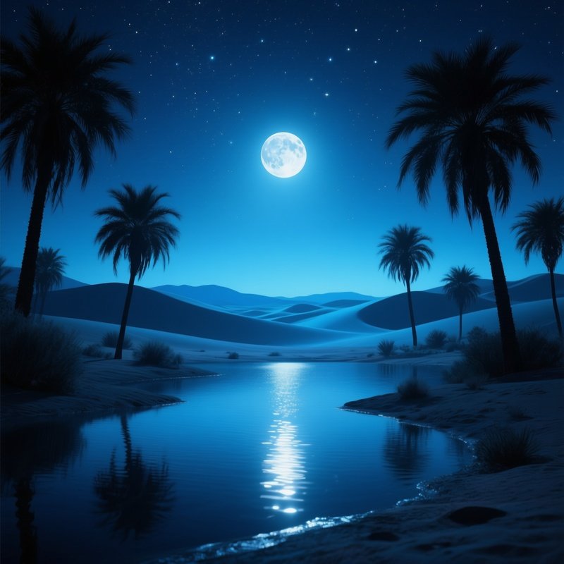 An Ethereal Moonlit Desert Oasis At Night, Palm Trees Silhouetted Against A Star‑Filled Sky, Water
