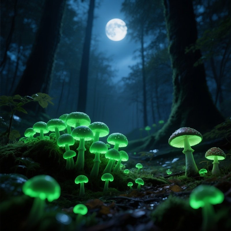 An Ethereal Night Scene In A German Forest Where Moonlight Illuminates Clusters Of Luminous Green