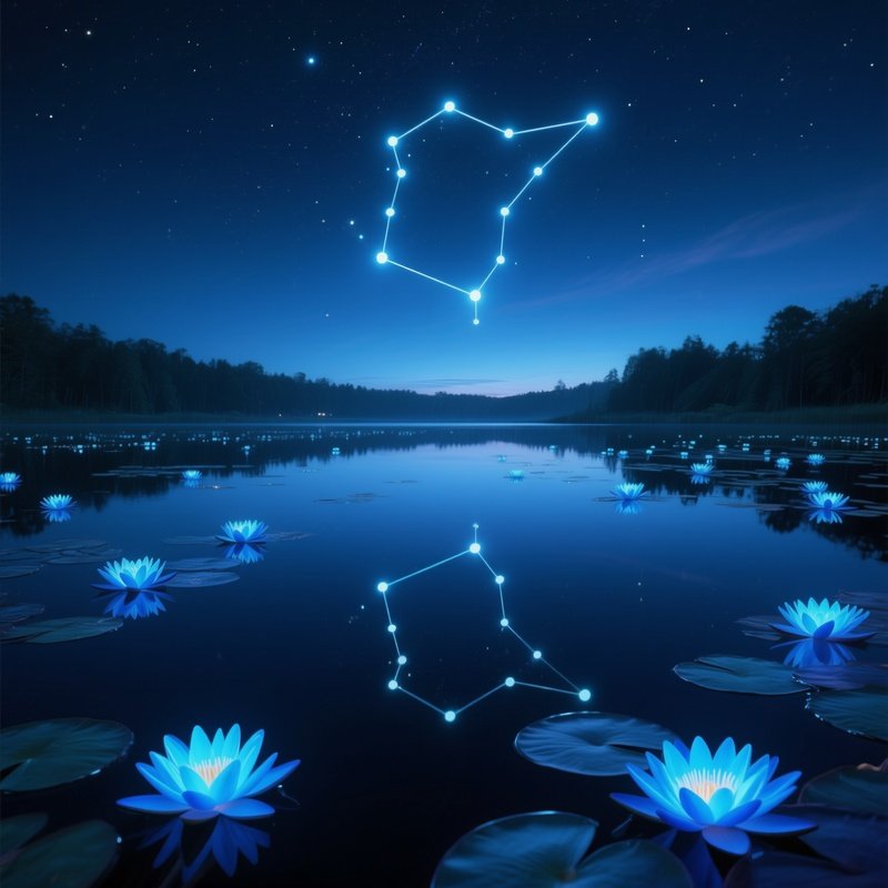 An Ethereal Night Sky Reflected In A Lake Dotted With Luminous Blue Water Lilies, Constellations