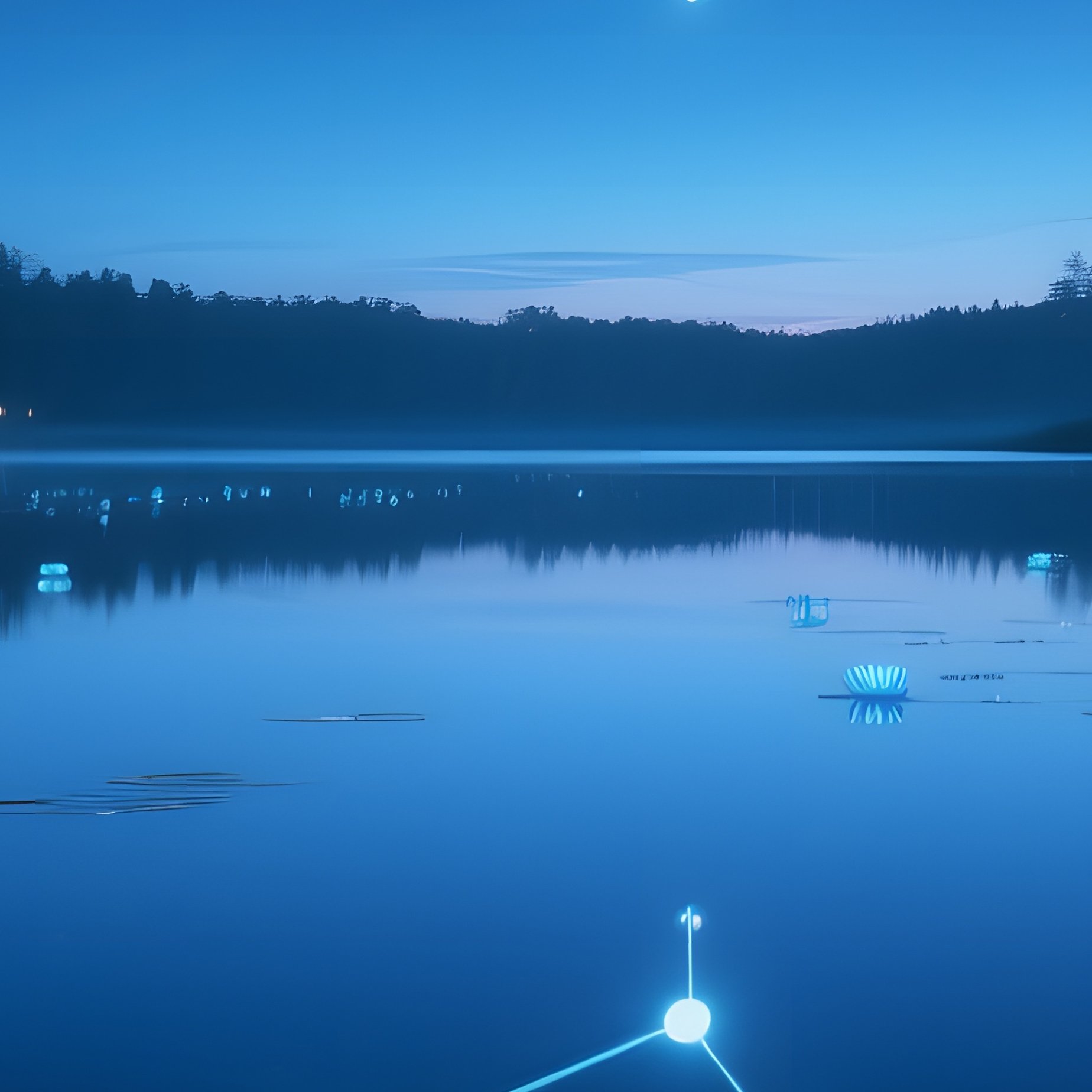 An Ethereal Night Sky Reflected In A Lake Dotted With Luminous Blue Water Lilies, Constellations - Full Resolution Quality Preview