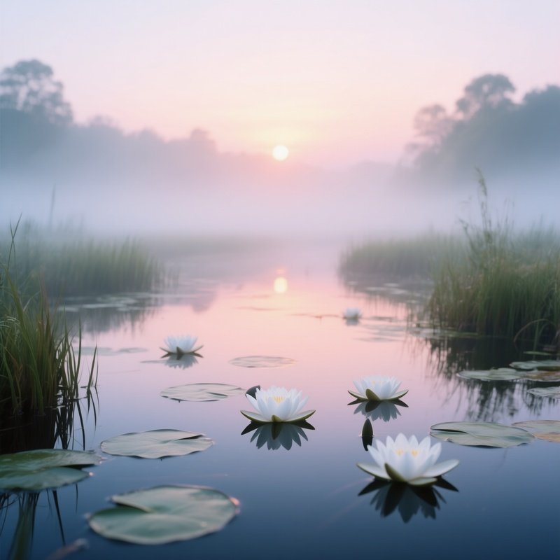 An Ethereal Sunrise Over A Misty Marsh Where White Water Lilies Float Silently, Pastel Colors