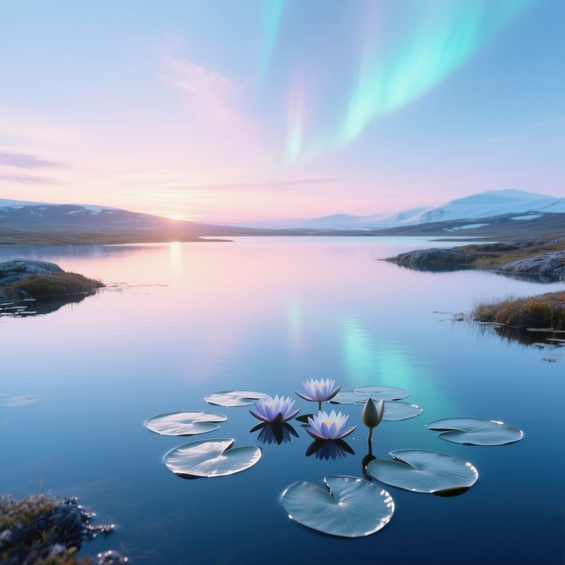 An Ethereal Sunrise Over A Remote Lake In The Tundra, Pale Blue Water Lilies With Silver Edges