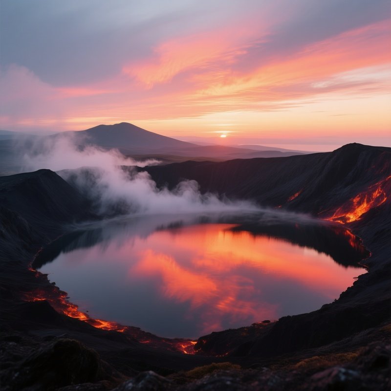 An Ethereal Sunrise Over A Volcanic Crater Lake, Water Mirroring Fiery Colors Of Sky, Surrounding