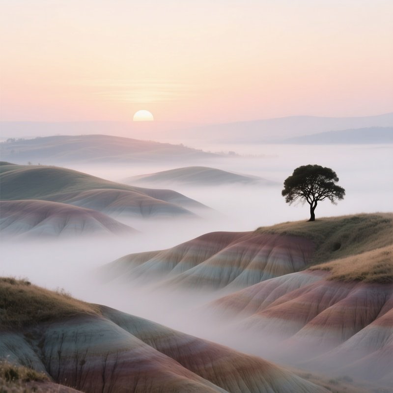 An Ethereal Sunrise Over Rolling Hills, Each Hill Sculpted In Layered Pastel Clay Tones, Mist