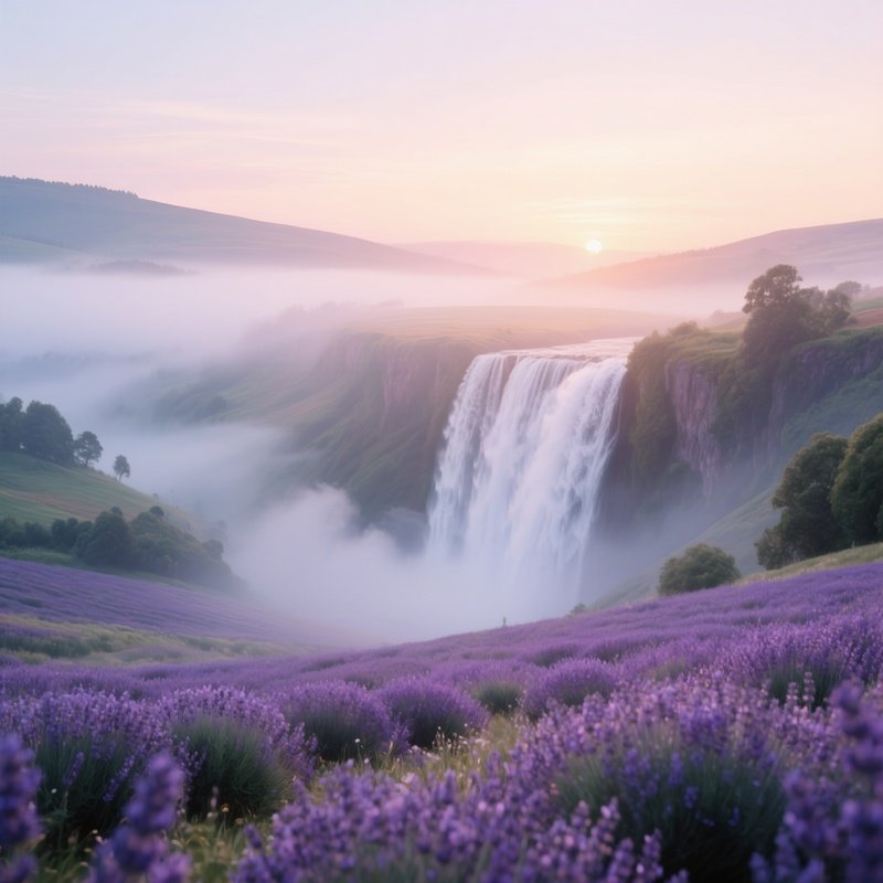 An Ethereal Sunrise Where A Veil Of Mist Rises From A Waterfall Into A Valley Filled With Lavender