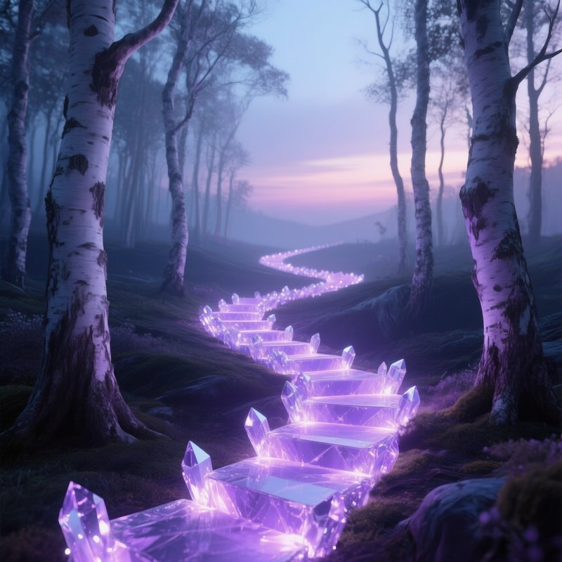 An Ethereal Twilight Scene With A Winding Crystal Pathway Through A Forest Of Silver‑Barked Trees,