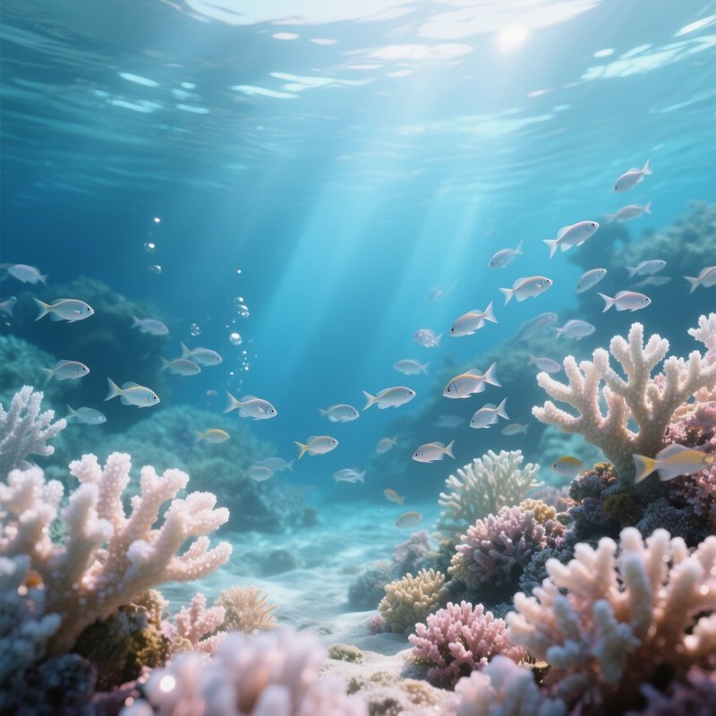 An Ethereal Underwater Scene Rendered In Photorealism, With Sugar Coral Reefs Glowing Softly Under