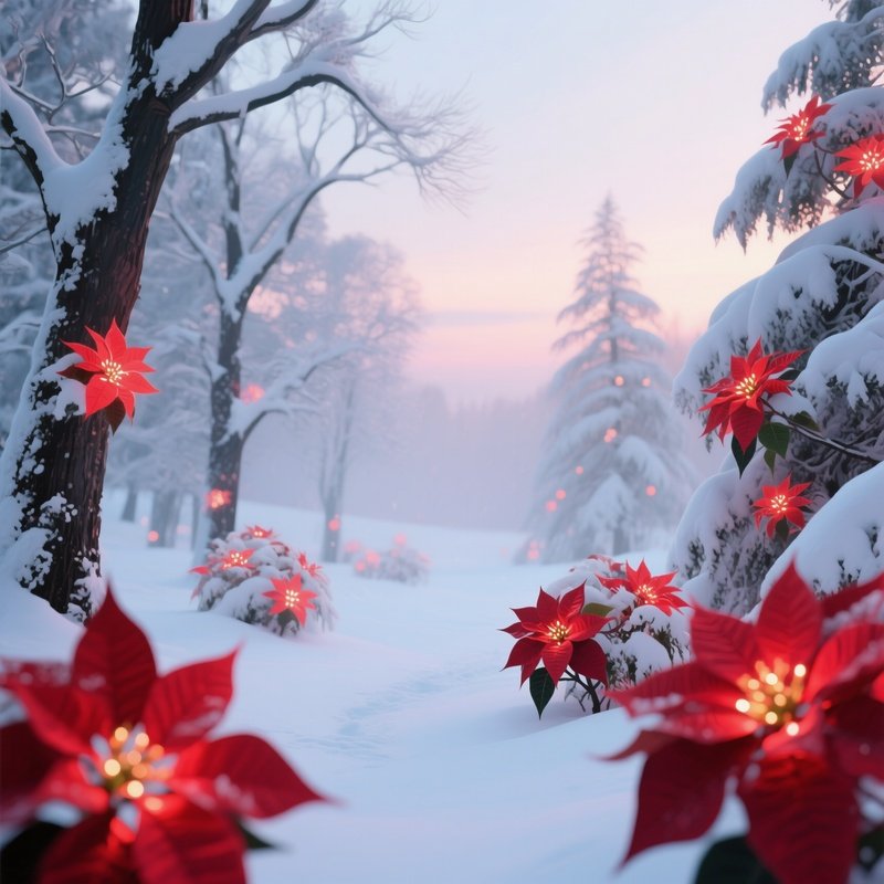 An Ethereal Winter Scene Where Snow Covered Trees Are Dotted With Glowing Pop‑Art Poinsettias In