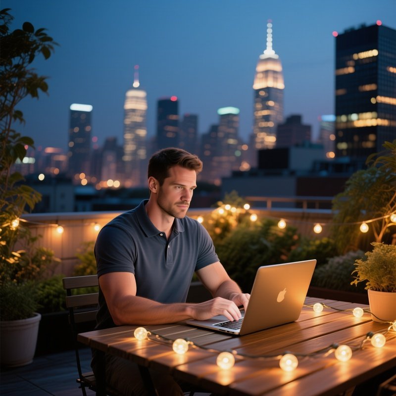 An Evening Rooftop Garden Office, A Six‑Pack Man In A Casual Polo Shirt, Laptop Open On A Wooden