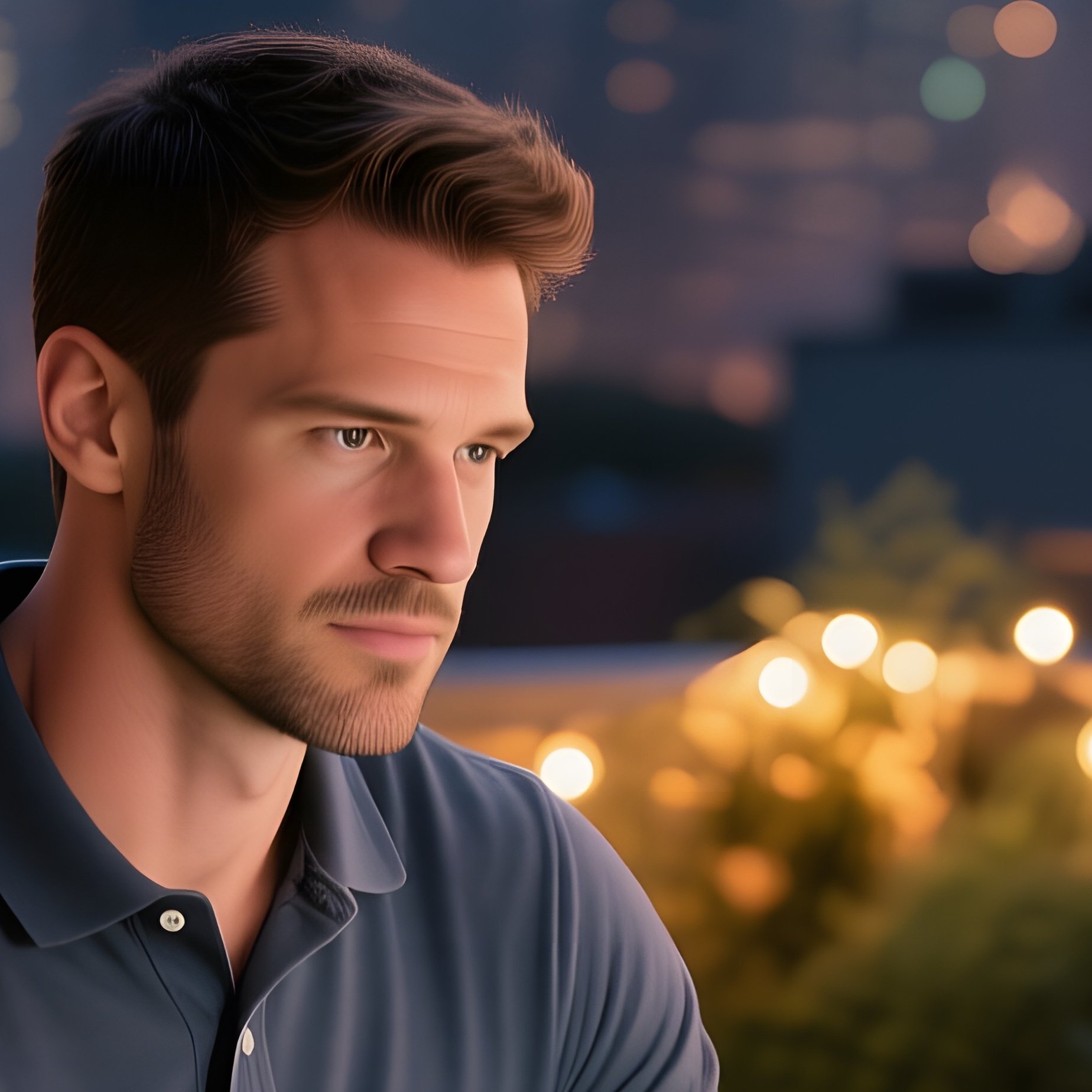An Evening Rooftop Garden Office, A Six‑Pack Man In A Casual Polo Shirt, Laptop Open On A Wooden - Full Resolution Quality Preview