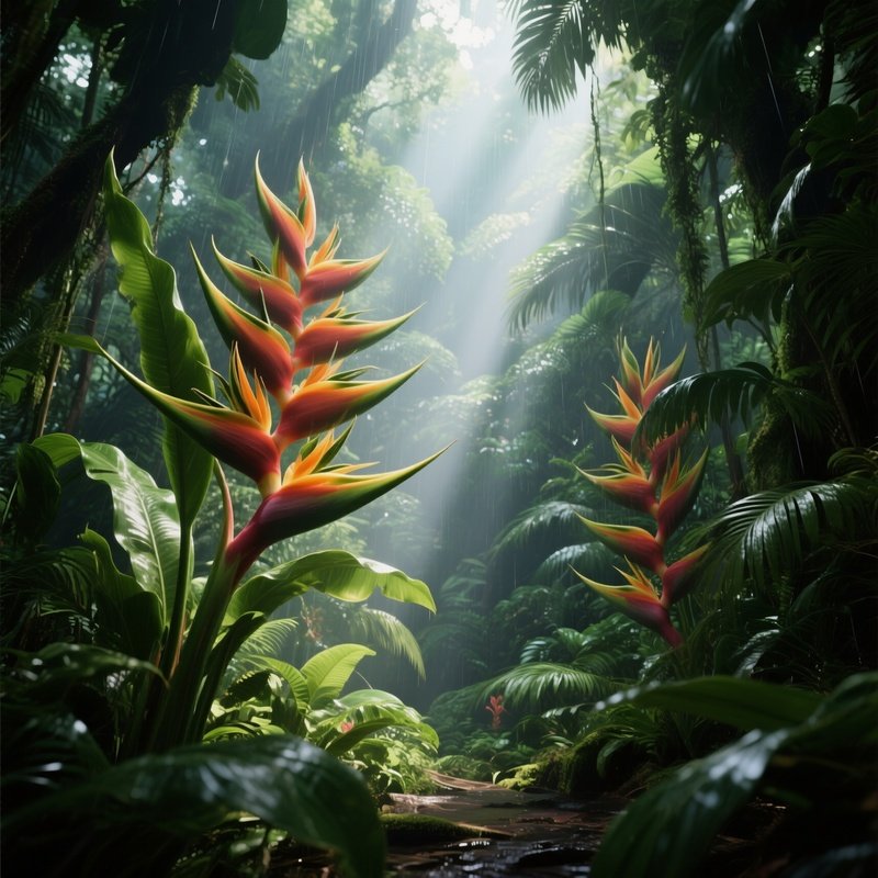 An Exotic Rainforest Scene Where Giant Heliconia Flowers Bloom Amidst Thick Green Foliage, Shafts
