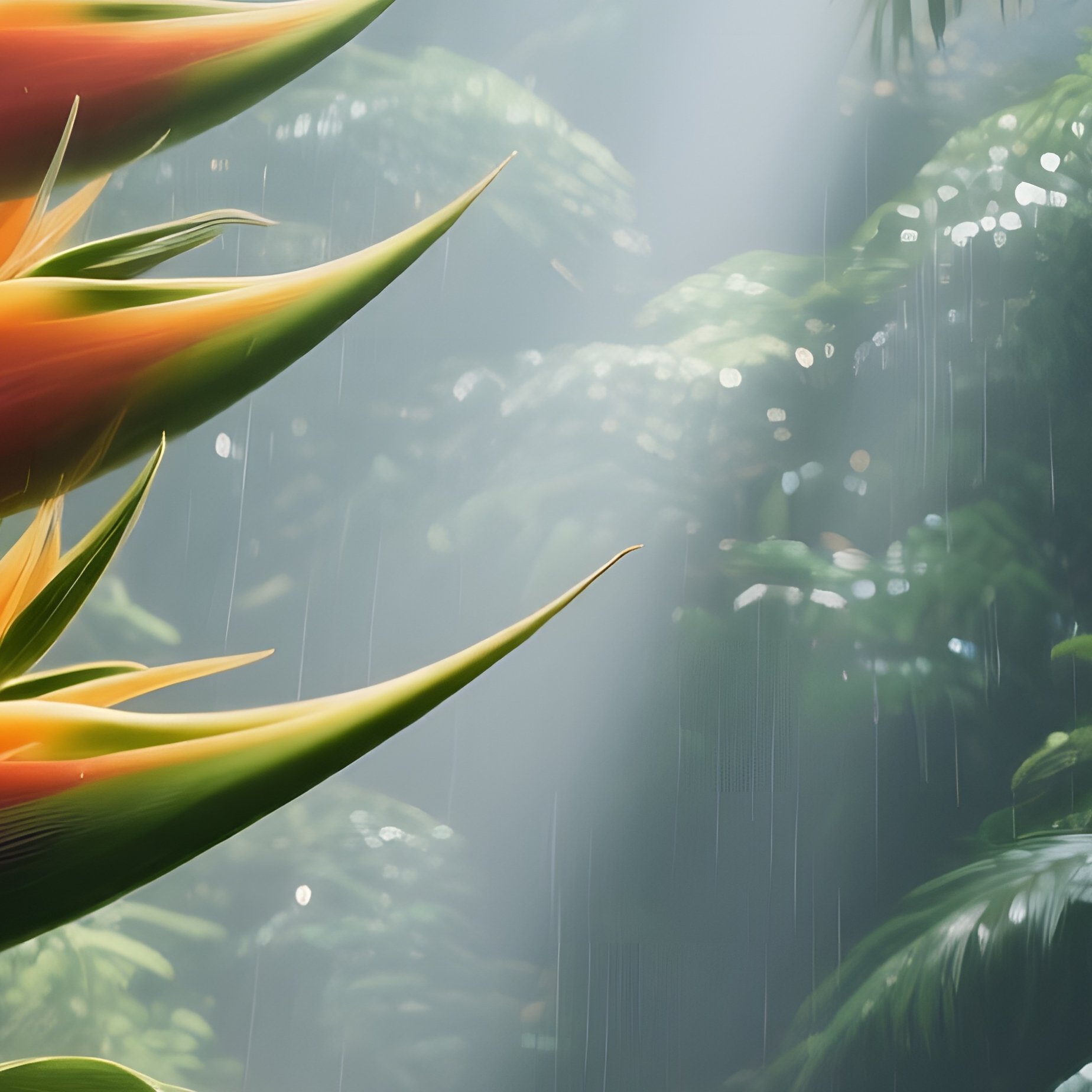 An Exotic Rainforest Scene Where Giant Heliconia Flowers Bloom Amidst Thick Green Foliage, Shafts - Full Resolution Quality Preview