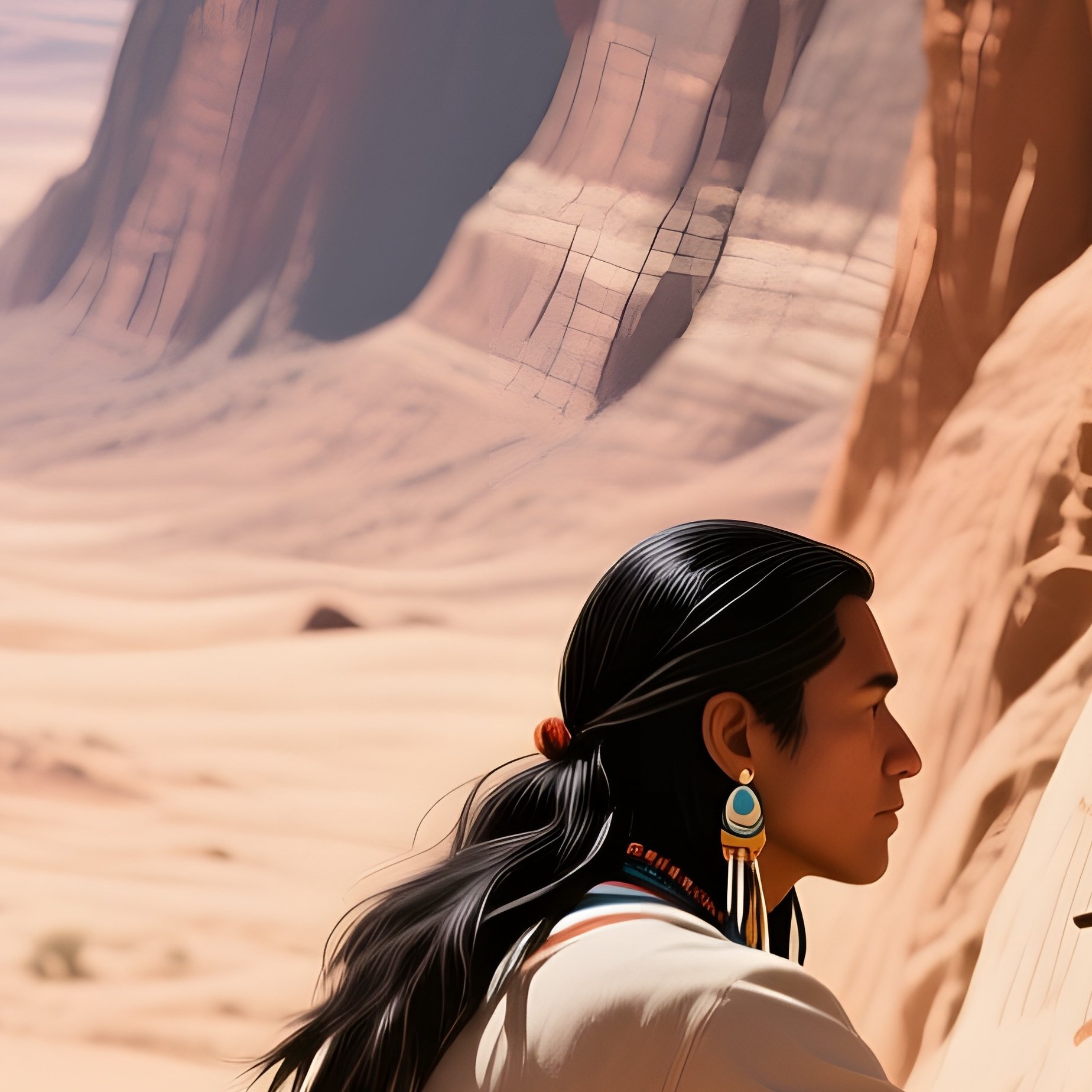 An Expansive Desert Canyon At Midday, Shadows Deepening As An Indigenous Artist Paints Ancient - Full Resolution Quality Preview