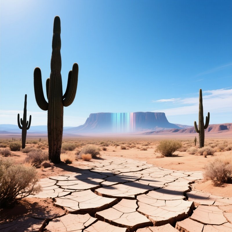 An Expansive Desert Landscape At Midday, Cracked Earth Fissures Radiating Heat, Towering Saguaro